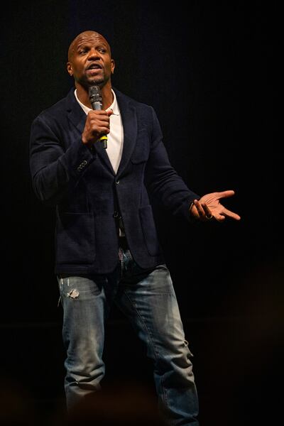 Terry Crews speaks in the UCCU Center on the campus of Utah Valley University in Orem on Thursday, March 28, 2019.