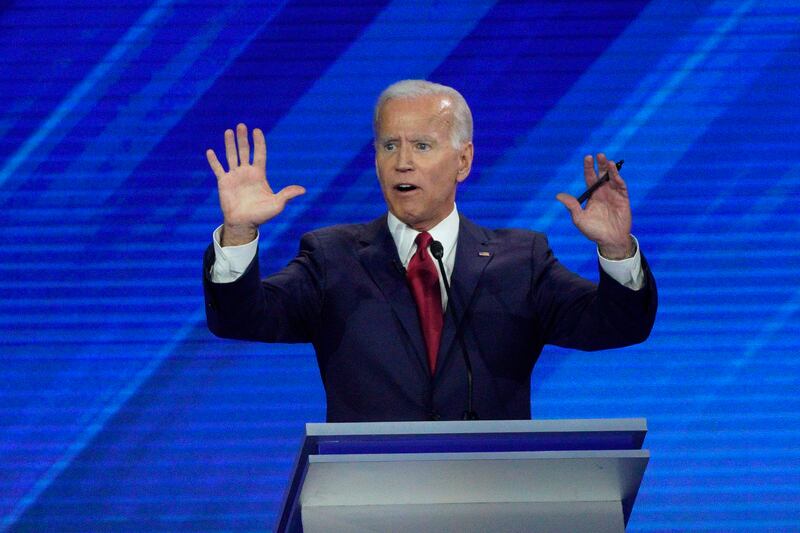 Democratic presidential candidate former Vice President Joe Biden answers a question Thursday, Sept. 12, 2019, during a Democratic presidential primary debate hosted by ABC at Texas Southern University in Houston. (AP Photo/David J. Phillip)