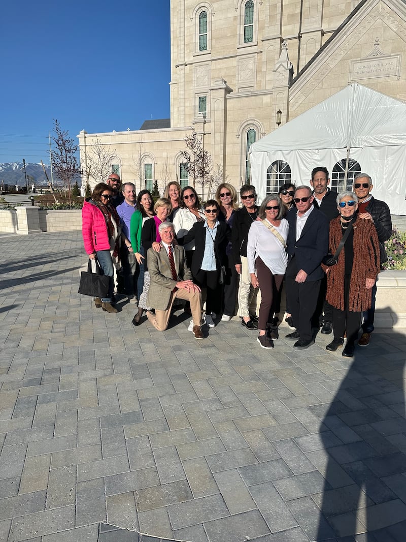 A United Jewish Federation of Utah tour group poses outside the Taylorsville Utah Temple on Monday, April 15, 2024.