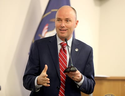 FILE - Lt. Gov. Spencer J. Cox speaks at a House Committee on Natural Resources forum on transforming government to better serve the American public at the World Trade Center Utah in Salt Lake City on Friday, Feb. 2, 2018.