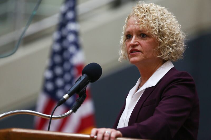 Salt Lake City Mayor Jackie Biskupski addresses the major challenges and opportunities facing the city in her fourth State of the City address at East High School in Salt Lake City on Thursday, Jan. 17, 2019.