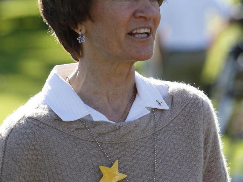 FILE - In this Oct. 7, 2009 file photo, former Astronaut Sally Ride speaks to members of the media as NASA personnel set-up astronomy equipment on the South Lawn of the White House in preparation for an event with the President and the First Lady, in Wash