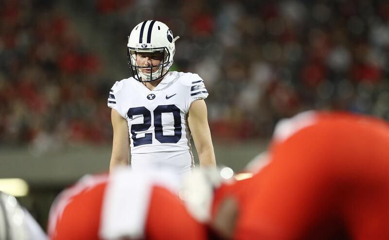 Brigham Young Cougars placekicker Skyler Southam (20) lines up a kick against the Arizona Wildcats in Tucson, Arizona, on Saturday, Sept. 1, 2018.