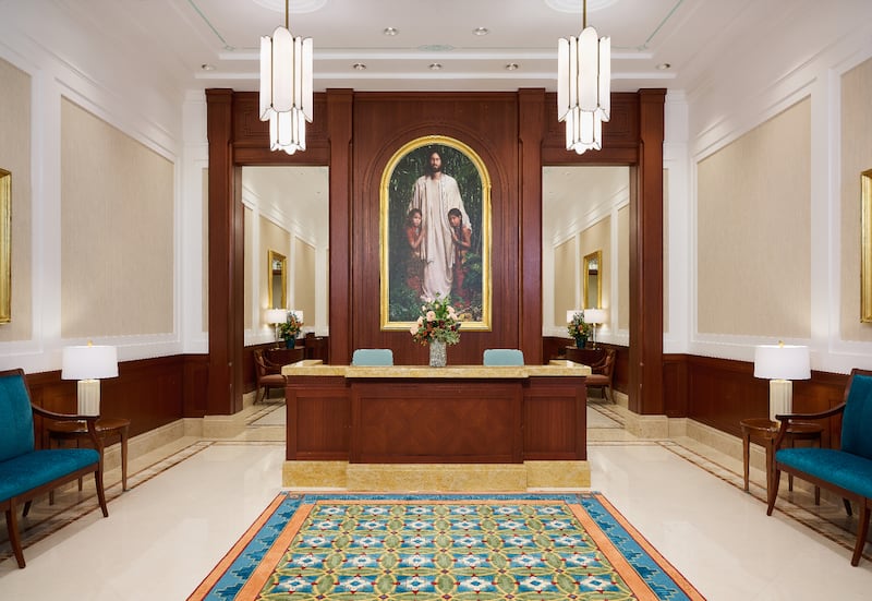 The recommend desk in the Farmington New Mexico Temple, which The Church of Jesus Christ of Latter-day Saints invited the public to tour from July 17 to Aug. 2, welcomes visitors and worthy members of the faith to the temple.