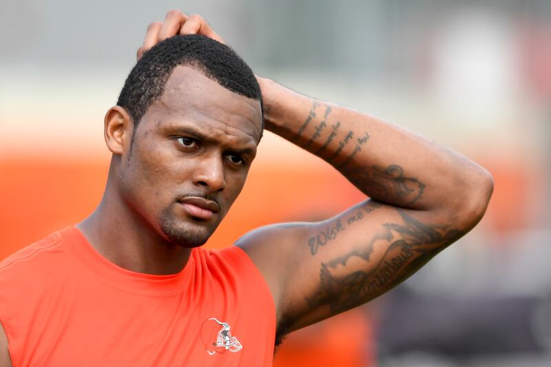 Cleveland Browns quarterback Deshaun Watson looks on after the NFL football team’s training camp, Monday, Aug. 1, 2022, in Berea, Ohio.