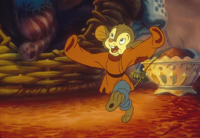 A happy Fievel the mouse gets ready to celebrate the holiday season before his family leaves for a new life in America in “An American Tail.”