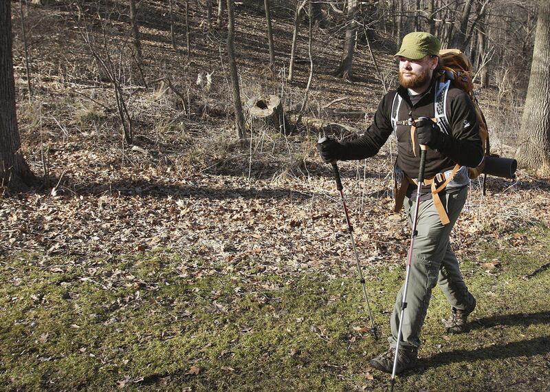 In this photo taken Feb. 18, 2012, Matt Mason of Freeport, Ill., trains with a 30-pound backpack at Krape Park in Freeport. Mason is about to live a dream by hiking the Appalachian Trail. He will kick off his grueling 2,184-mile hike on Feb. 29.