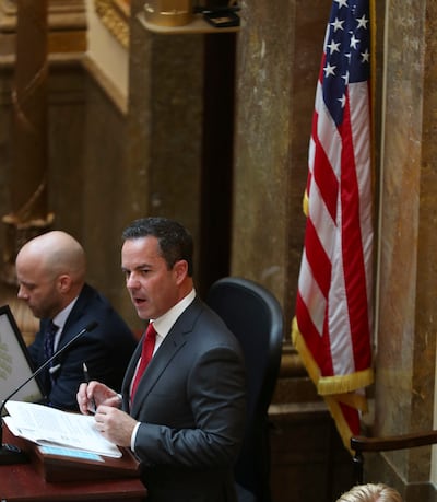 House Speaker Brad Wilson, R-Kaysville, addresses the House of Representatives during the start of the 2019 Legislature at the state Capitol in Salt Lake City on Monday, Jan. 28, 2019.