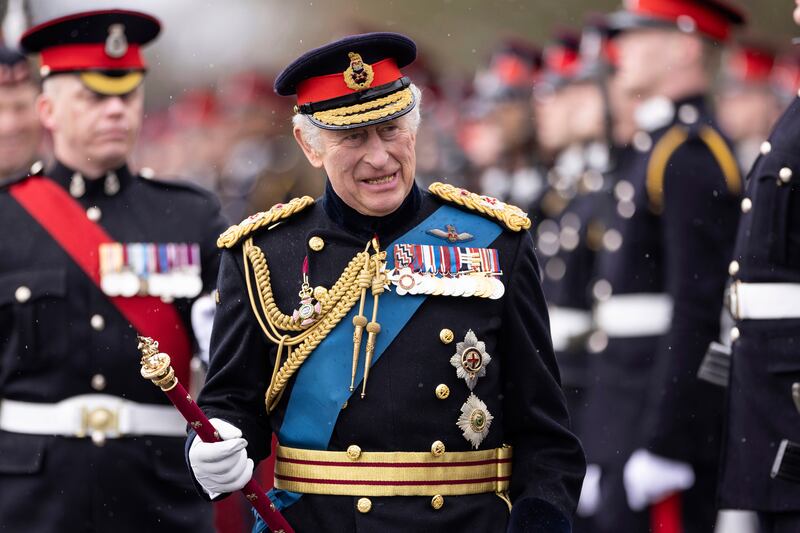 Britain’s King Charles III inspects the 200th Royal Military Academy Sandhurst Sovereign’s Parade in Camberley, England.