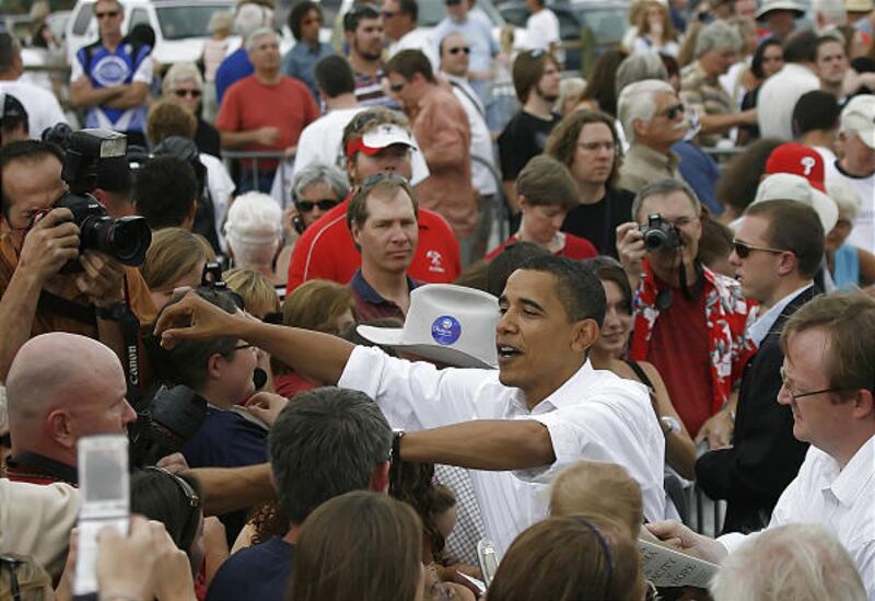 Barack Obama greets supporters at Kimball Junction on Aug. 5. The hastily organized rally drew hundreds of people.