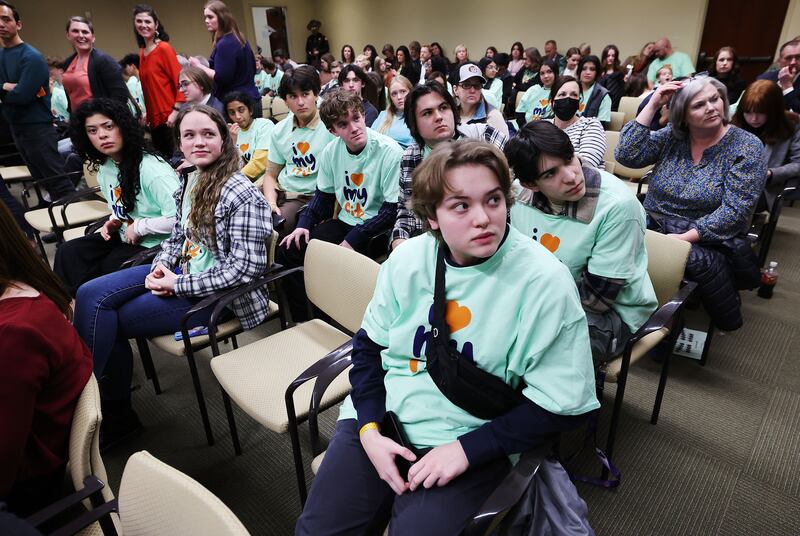 Juan Diego students wear “I love my Fit” shirts during a House Education Committee hearing.