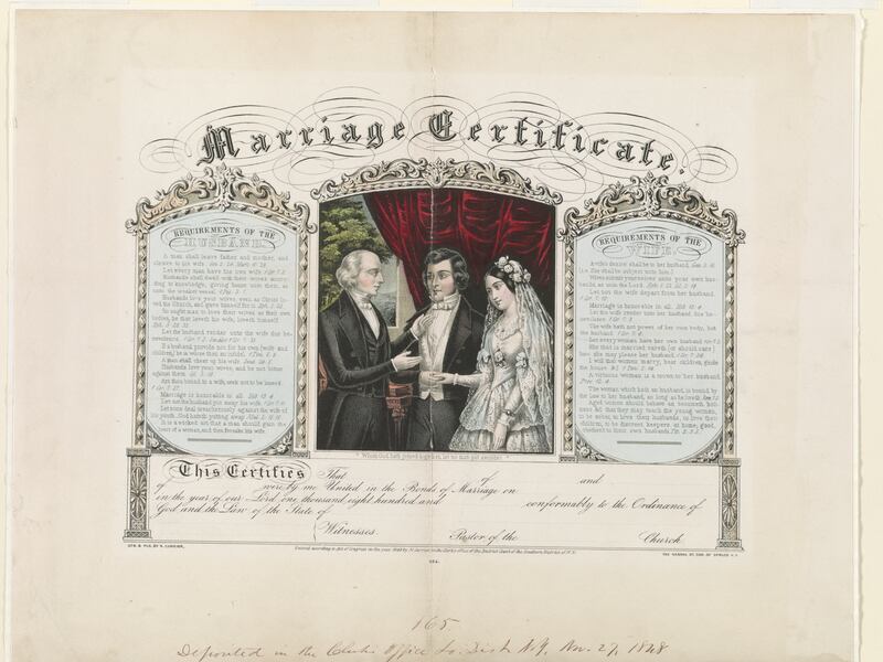 A copy of a marriage certificate with a couple depicted on it.