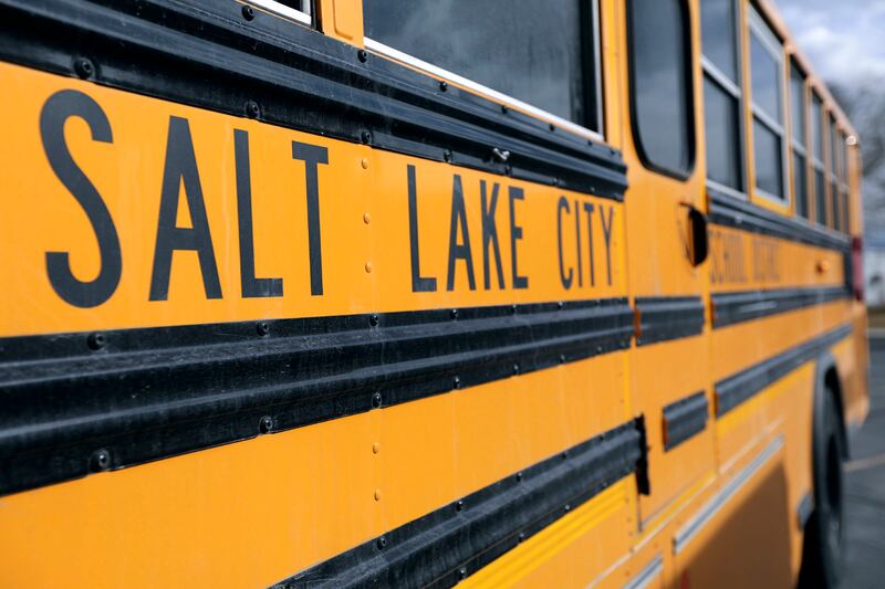 A school bus is parked outside of the Salt Lake City School District’s Pupil Transportation building in Salt Lake City.