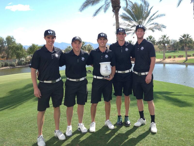The UVU golf team stands with its plaque after claiming the team title at the Loyola Golf Invitational in Goodyear, Arizona. The Wolverines shot a three-round total of 868 (+4) to claim the title.