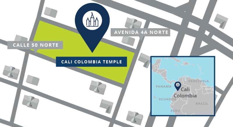 A map showing the location of the Cali Colombia Temple.