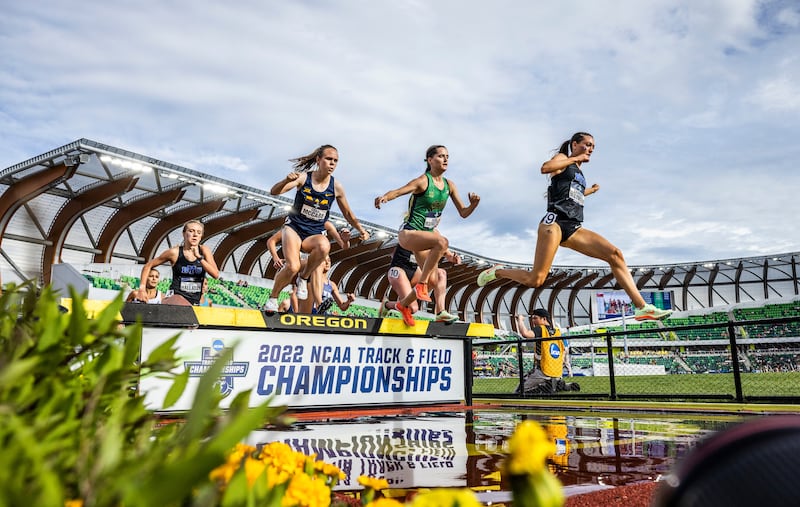 BYU’s Courtney Wayment leads the pack in the steeplechase event at the NCAA championships in Eugene, Ore., earlier this summer.