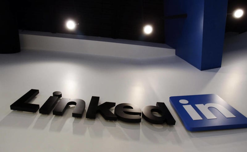 The LinkedIn logo is displayed in the foyer at headquarters in Mountain View, Calif., on May 19, 2011.