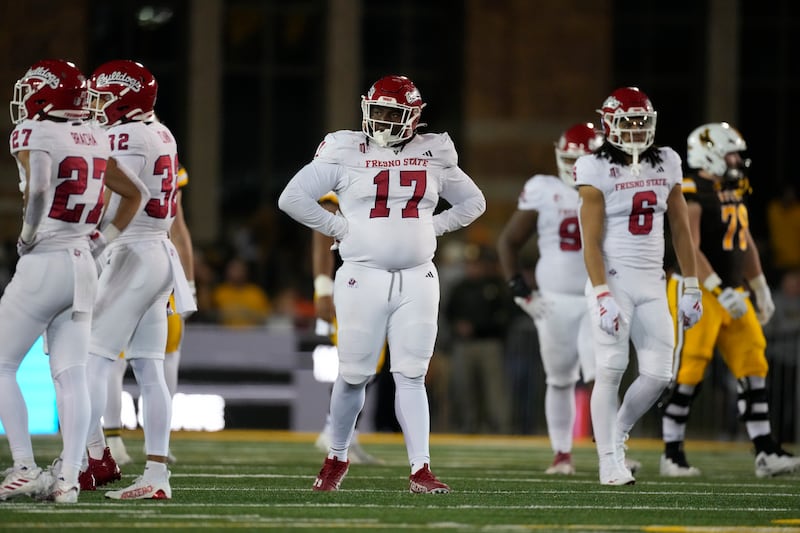Fresno State defensive lineman Johnny Hudson Jr. (17) looks on during a game on Oct. 7, 2023, in Laramie, Wyo.