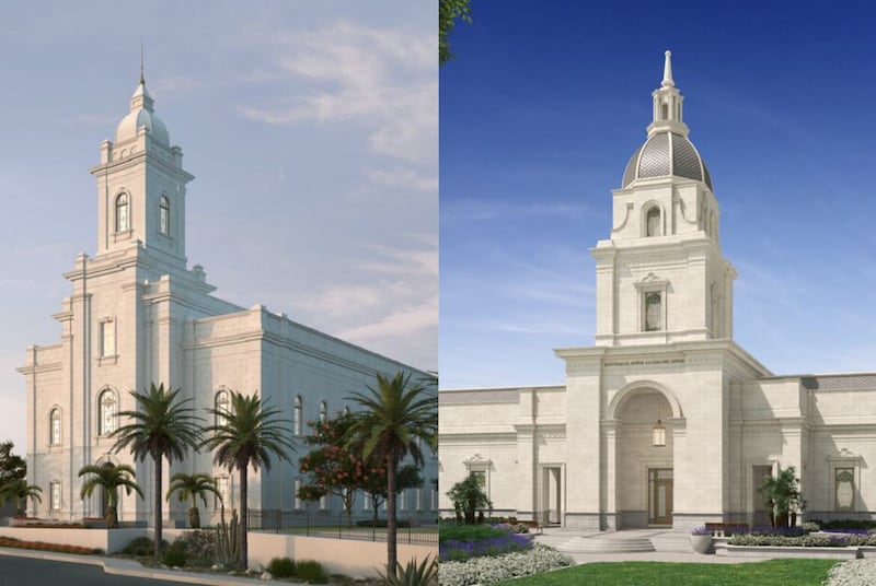Exterior renderings of the Antofagasta Chile and Bahía Blanca Argentina temples.