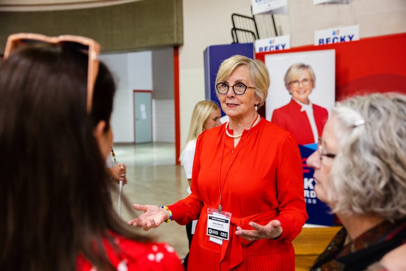 Utah Congressional 2nd District candidate Becky Edwards speaks with delegates during the Utah Republican Party’s special election at Delta High School in Delta on June 24, 2023.