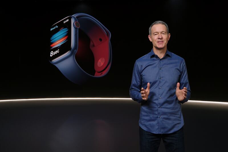 In this still image provided by Apple from the keynote video of a special event at Apple Park in Cupertino, Calif., Apple’s Chief Operating Officer Jeff Williams unveils Apple Watch Series 6 on Tuesday, Sept. 15, 2020.