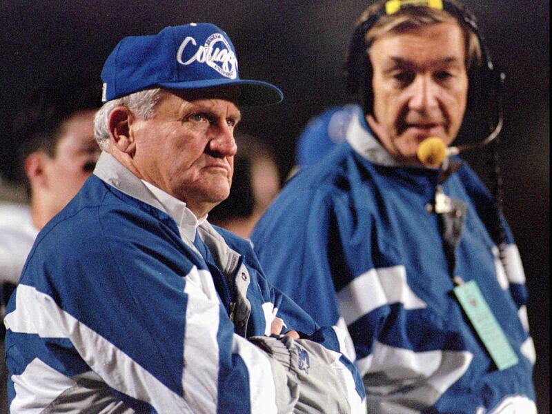 BYU football head coach LaVell Edwards, left, and offensive line coach Roger French at the Copper Bowl.