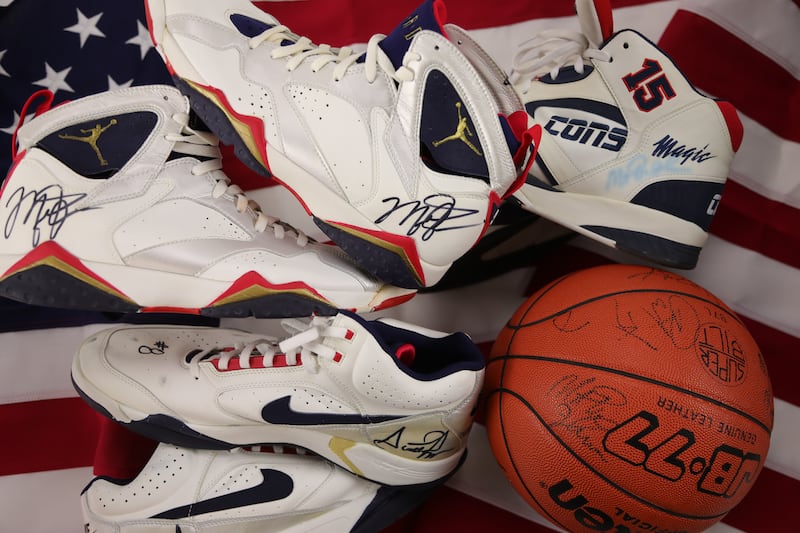 Michael Jordan, Magic Johnson and Scottie Pippen 1992 Dream Team signed, game-worn shoes. The shoes are up for auction now.