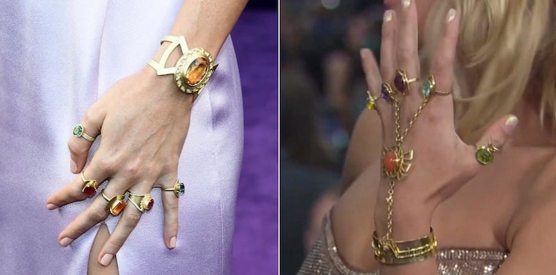 Both Larson and Scarlett Johansson rocked some crazy cool Infinity Gauntlet-inspired bling on their left hands at the “Avengers: Endgame” premiere Monday.