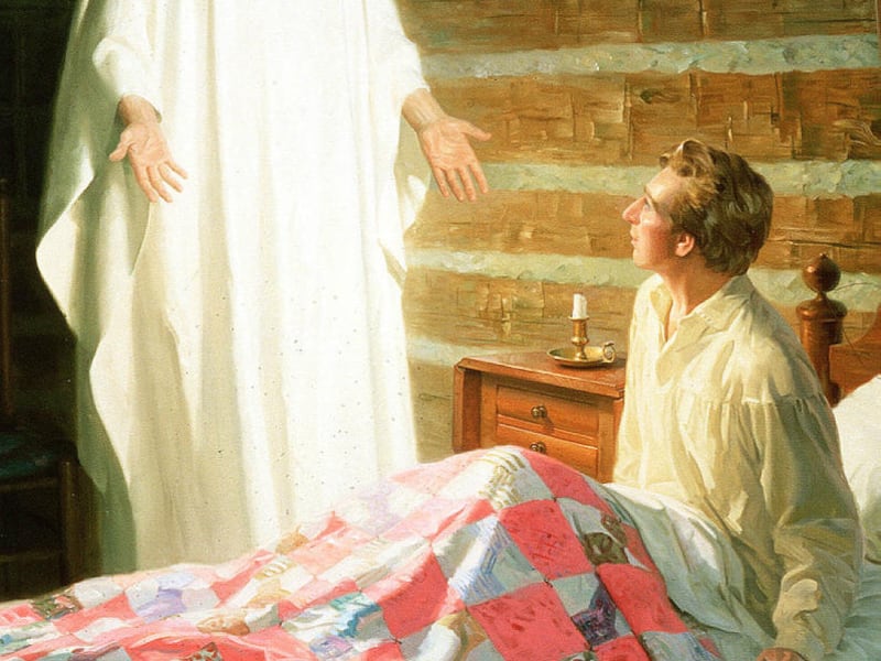 "Moroni Appears to Joseph Smith in His Room" by Tom Lovell.