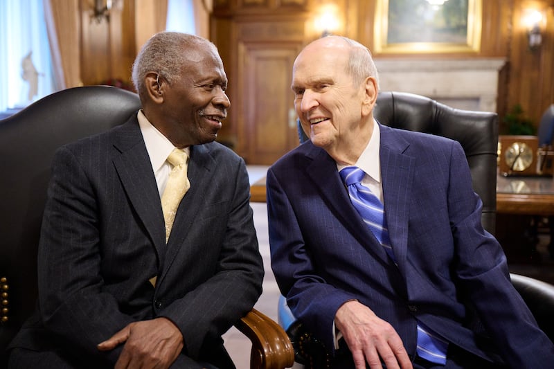 The Rev. Dr. Lawrence Edward Carter Sr. talks with President Russell M. Nelson on Friday, March 24, 2023, in the Church Administration Building on Temple Square in Salt Lake City.