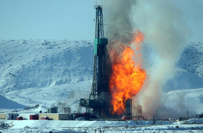 Flames erupt from a drilling rig at an oil and natural gas well north of Roosevelt on Tuesday, Jan. 22, 2013. Crews reported a blowout at the well shortly after midnight. The escaping gases ignited just before 7 a.m., according to the Duchesne County Sher