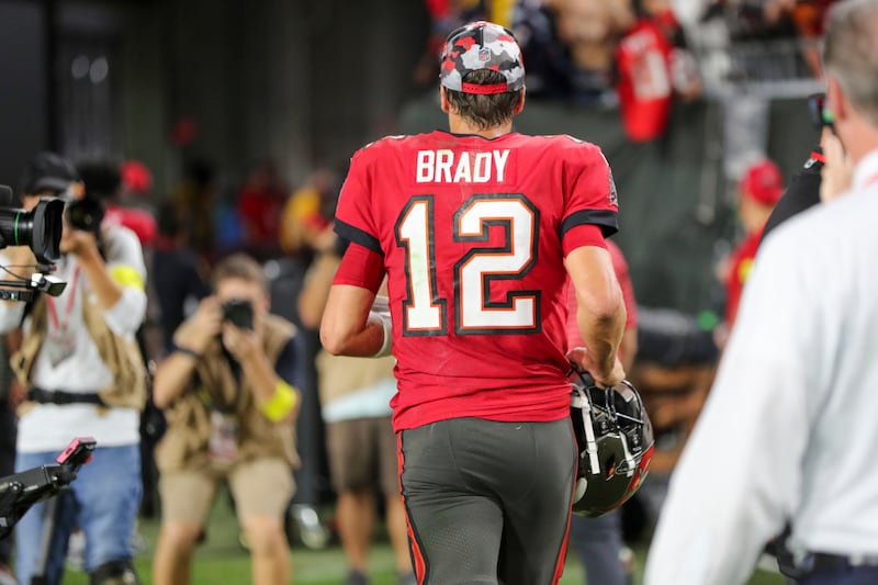 Tampa Bay Buccaneers QB Tom Brady exits the field after game against the Baltimore Ravens, Oct. 27, 2022 in Tampa, Fla.