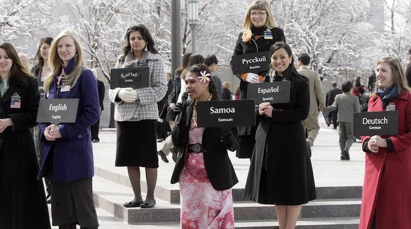 Sister missionaries display their spoken languages during the second day of The Church of Jesus Christ of Latter-day Saints' 181st Annual General Conference in Salt Lake City on Sunday, April 3, 2011. Mormon Times TV this Sunday will be highlighting the T