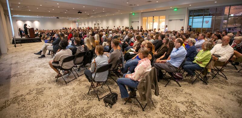 Anita Hill speaks to a capacity crowd at the Obert C. and Grace A. Tanner Humanities Center at the University of Utah in Salt Lake City on Wednesday, Sept. 26, 2018.