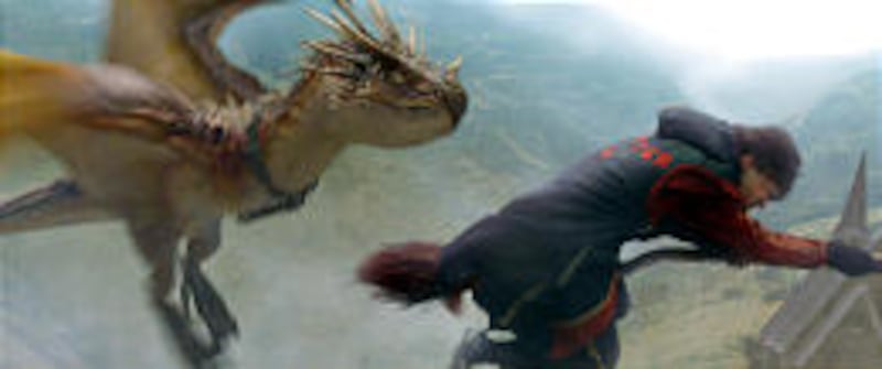 A Hungarian horntail dragon chases Daniel Radcliffe in "Goblet of Fire."