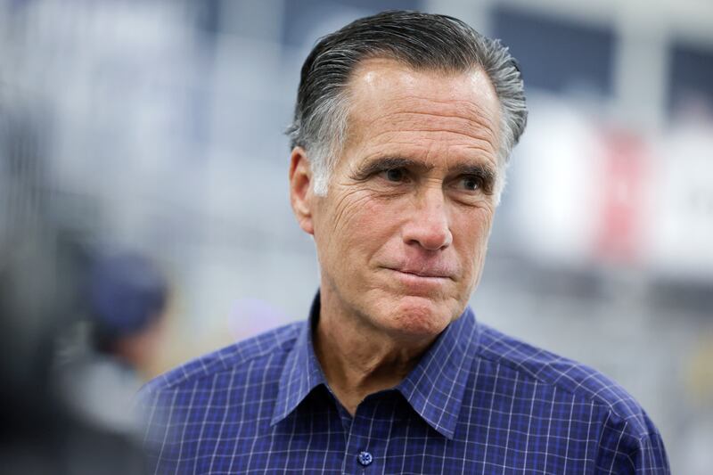 Sen. Mitt Romney, R-Utah, speaks to reporters at the Utah Olympic Oval in Kearns, Utah.