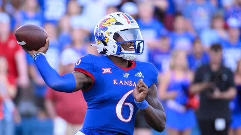 Kansas quarterback Jalon Daniels throws against Iowa State during game Saturday, Oct. 1, 2022, in Lawrence, Kan.