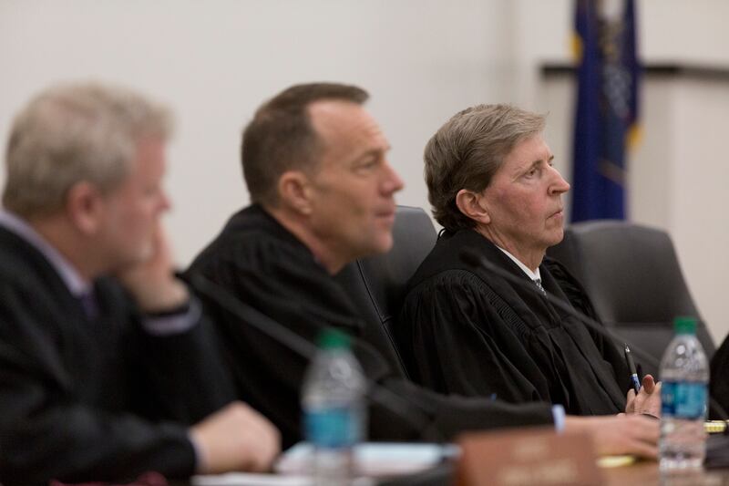 Chief Justice Matthew B. Durrant, right, listens to Douglas J. Thompson, an attorney for Meagan Grunwald, during oral arguments in State v. Grunwald at the J. Reuben Clark Law School at Brigham Young University on Monday, March 18, 2019, in Provo.