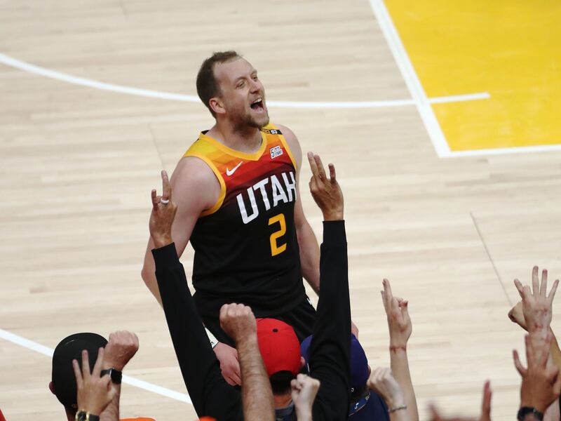 Utah Jazz guard Joe Ingles celebrates a 3-pointer during the NBA playoffs.
