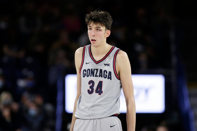 Gonzaga center Chet Holmgren stands on the court during the second half of an NCAA college basketball game against Loyola Marymount, Thursday, Jan. 27, 2022, in Spokane, Wash. (AP Photo/Young Kwak)