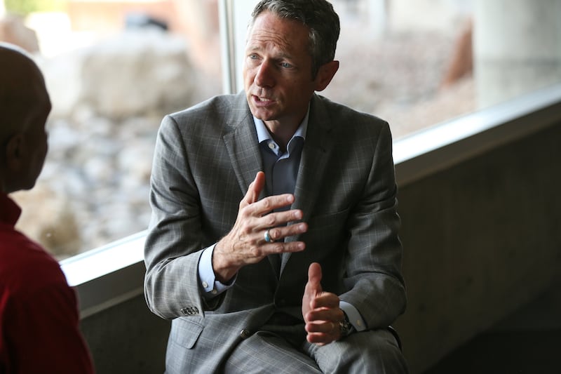 World Trade Center Utah CEO Derek Miller, right, talks to Deseret News reporter Jasen Lee at the Metro Solutions conference at the South Towne Expo Center in Sandy on Thursday, June 8, 2017.