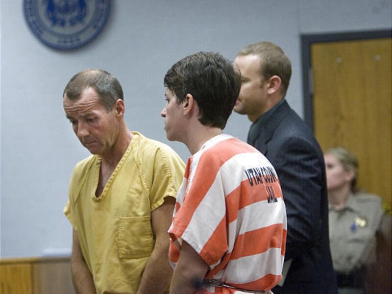 Roger and Pam Mortenson appear in Provo's 4th District Court Monday in the slaying of Roger Mortenson's father.