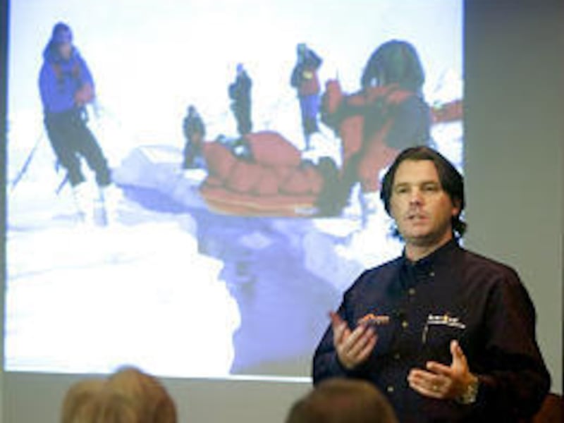 Will Cross speaks to a group of fellow diabetics at Utah Valley Regional Medical Center about his participation in the "Peaks and Poles Challenge." He carried insulin in a NASA-developed pack that prevents freezing.