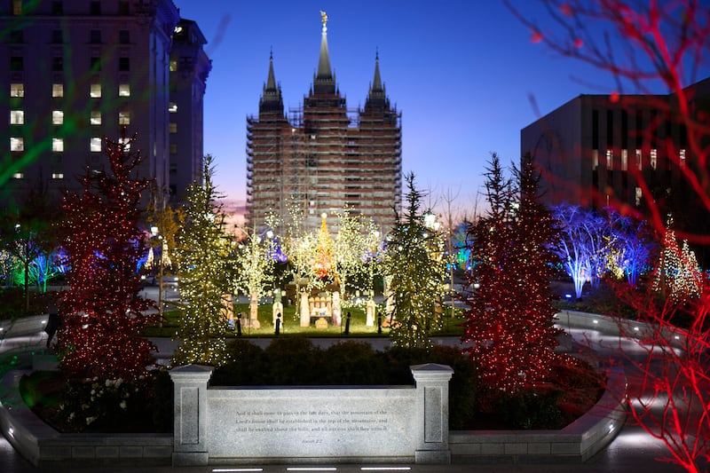 Christmas lights and decorations are on display at Temple Square in Salt Lake City on Monday, Nov. 24, 2025.