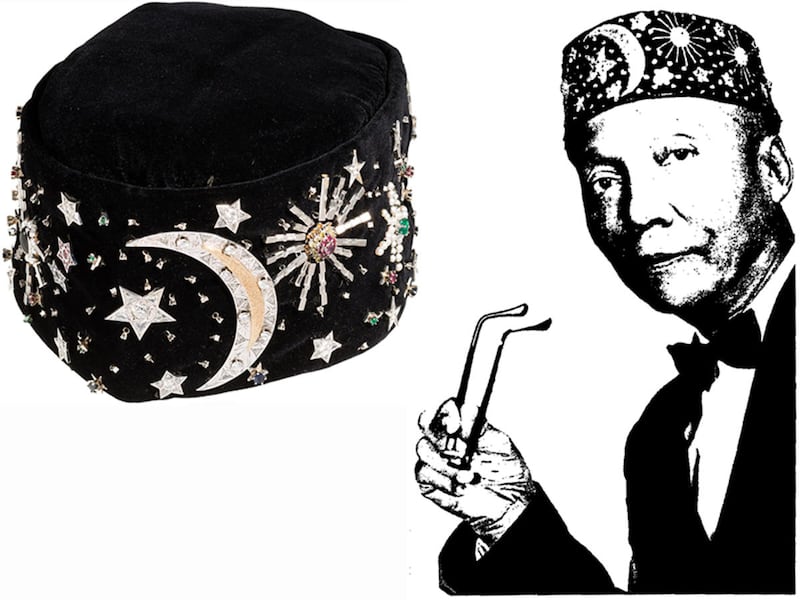 On the right, Nation of Islam leader Elijah Muhammad wearing a kofia in a 1965 FBI monograph. One of Muhammad\'s kofia that is similar in style, left, will be auctioned.