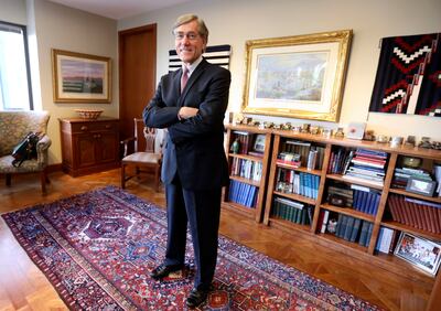 Zions Bank president and CEO Scott Anderson poses for a portrait in his office in Salt Lake City on Tuesday, Sept. 25, 2018. The art hanging in Anderson's office is from his personal collection.