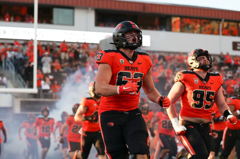 Oregon State offensive lineman Luka Vincic takes the field prior to game against USC, Sept. 24, 2022, in Corvallis, Ore.