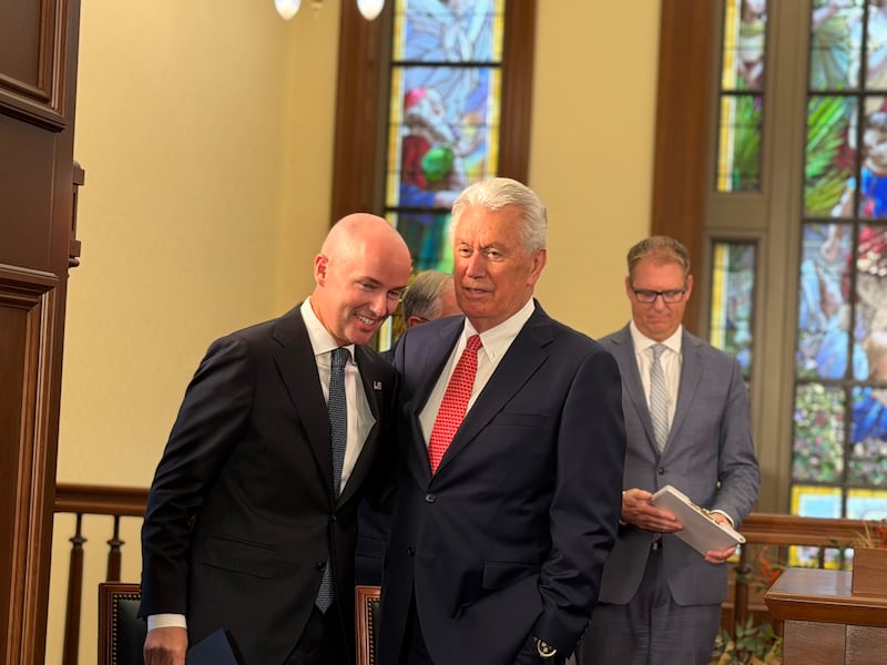 Utah Gov. Spencer Cox and President Dieter F. Uchtdorf talk in the Salt Lake Temple on Tuesday, Sept. 1, 2026.