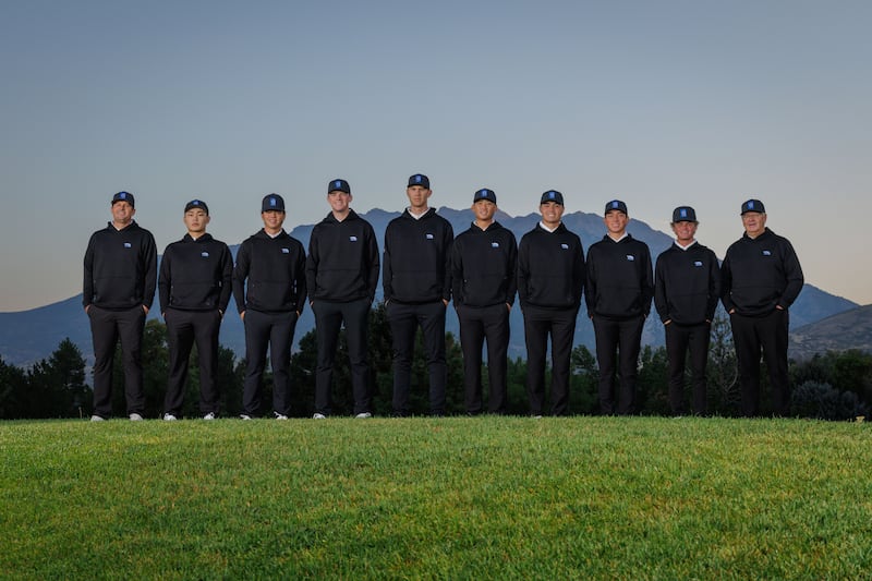Members and coaches of the 2025-26 golf team pose for a team shot during BYU photo day on Sept. 2, 2025.