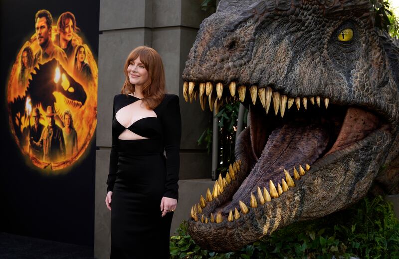 Bryce Dallas Howard, a cast member in “Jurassic World: Dominion,” poses at the premiere of the film at the TCL Chinese Theatre in Los Angeles.